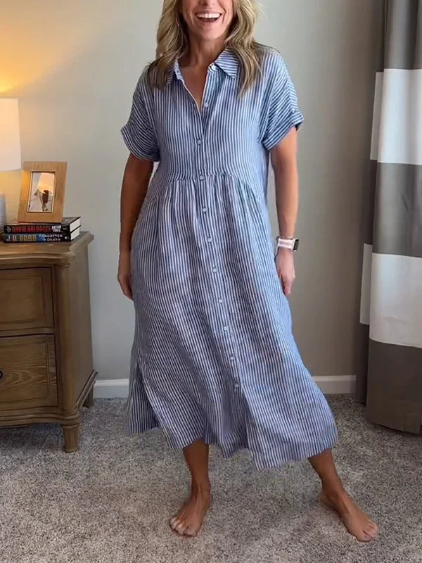 NEW🔥 Striped Lapel Button Down Shirt Dress